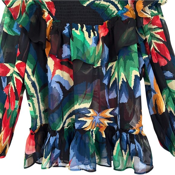 Farm Rio Smocked Ruffle Blouse Chevron Forest Print S Tropical Statement - Picture 3 of 9